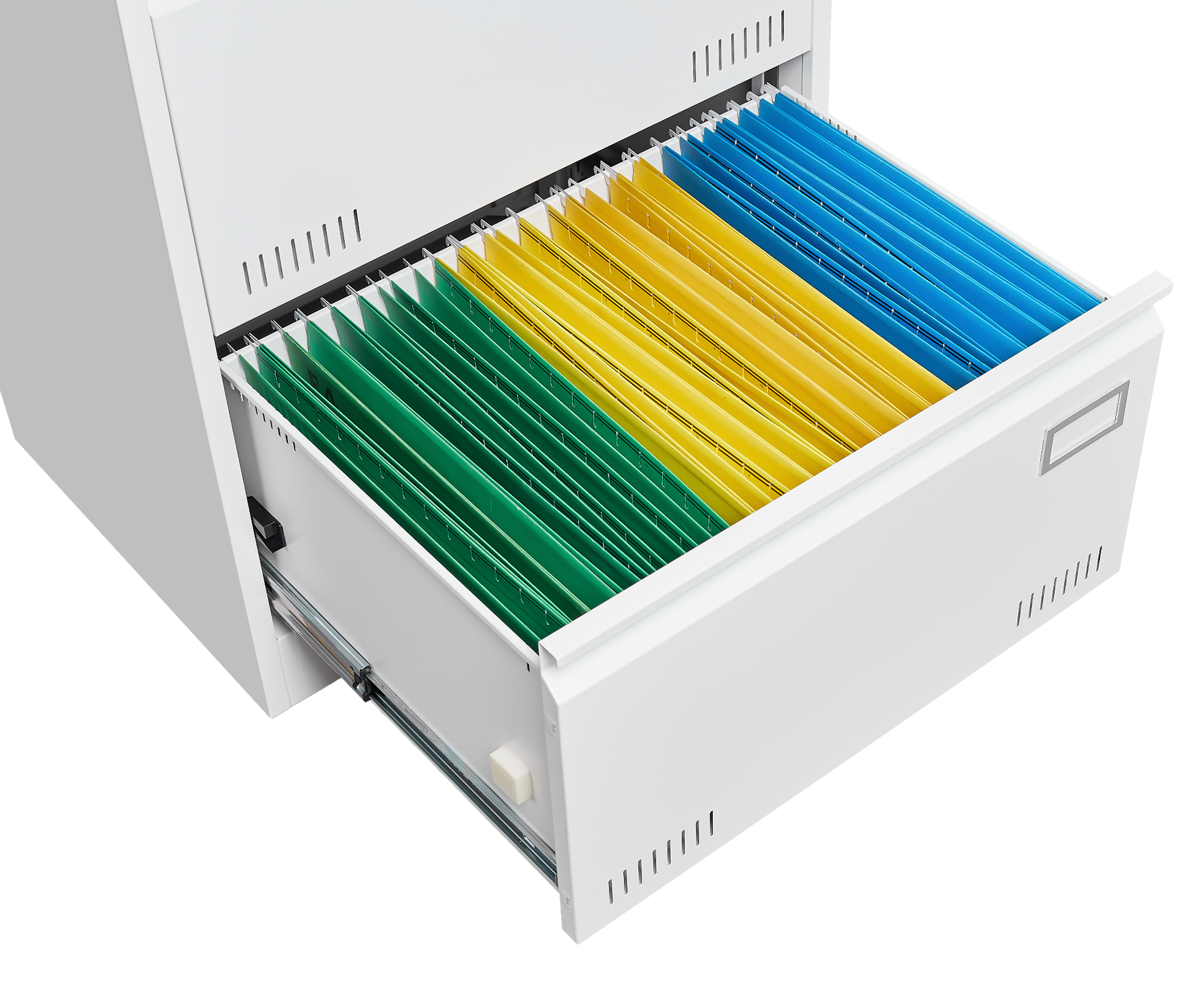 Open filing cabinet drawer with colored folders inside