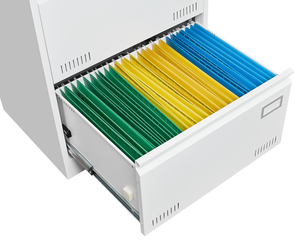 Open filing cabinet drawer with colored folders inside