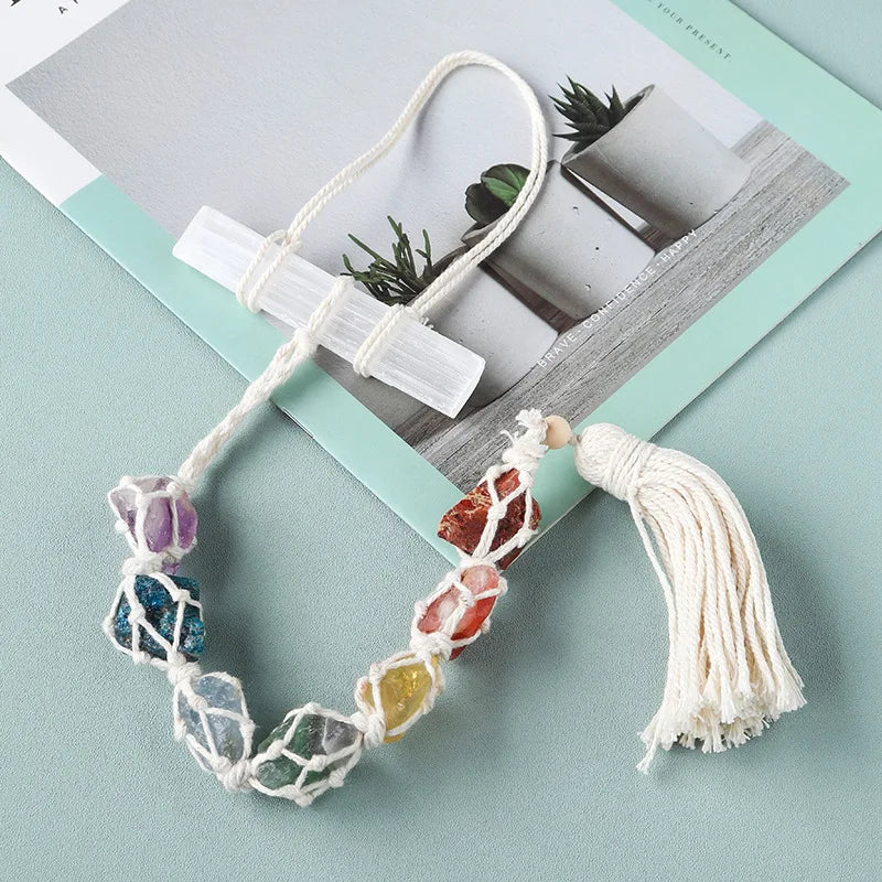 Natural Crystal Seven Color Gemstone Gypsum Rod DIY Wearing Mesh Bag Hanging Decoration Yellow Purple Crystal Car Hanging