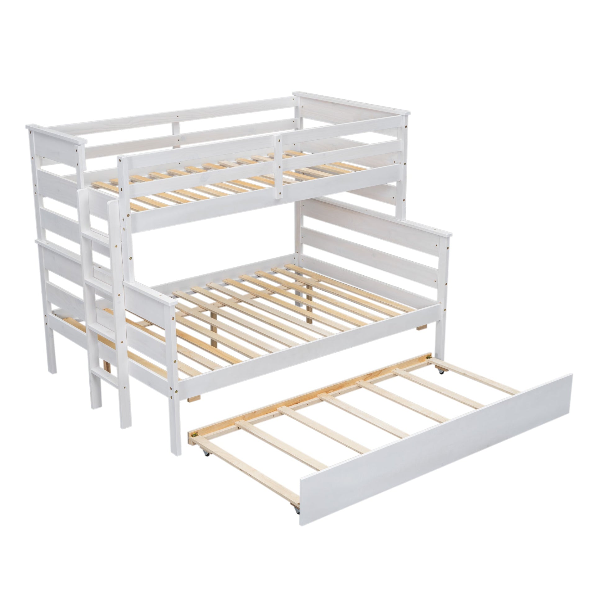 Wood Twin over Full Bunk Bed with Twin Size Trundle  White