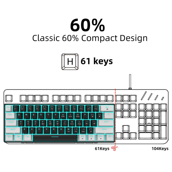 Mechanical keyboard 61 key short style small keyboard for office typing, black and white dual splicing ice blue backlit blue axis gaming keyboard