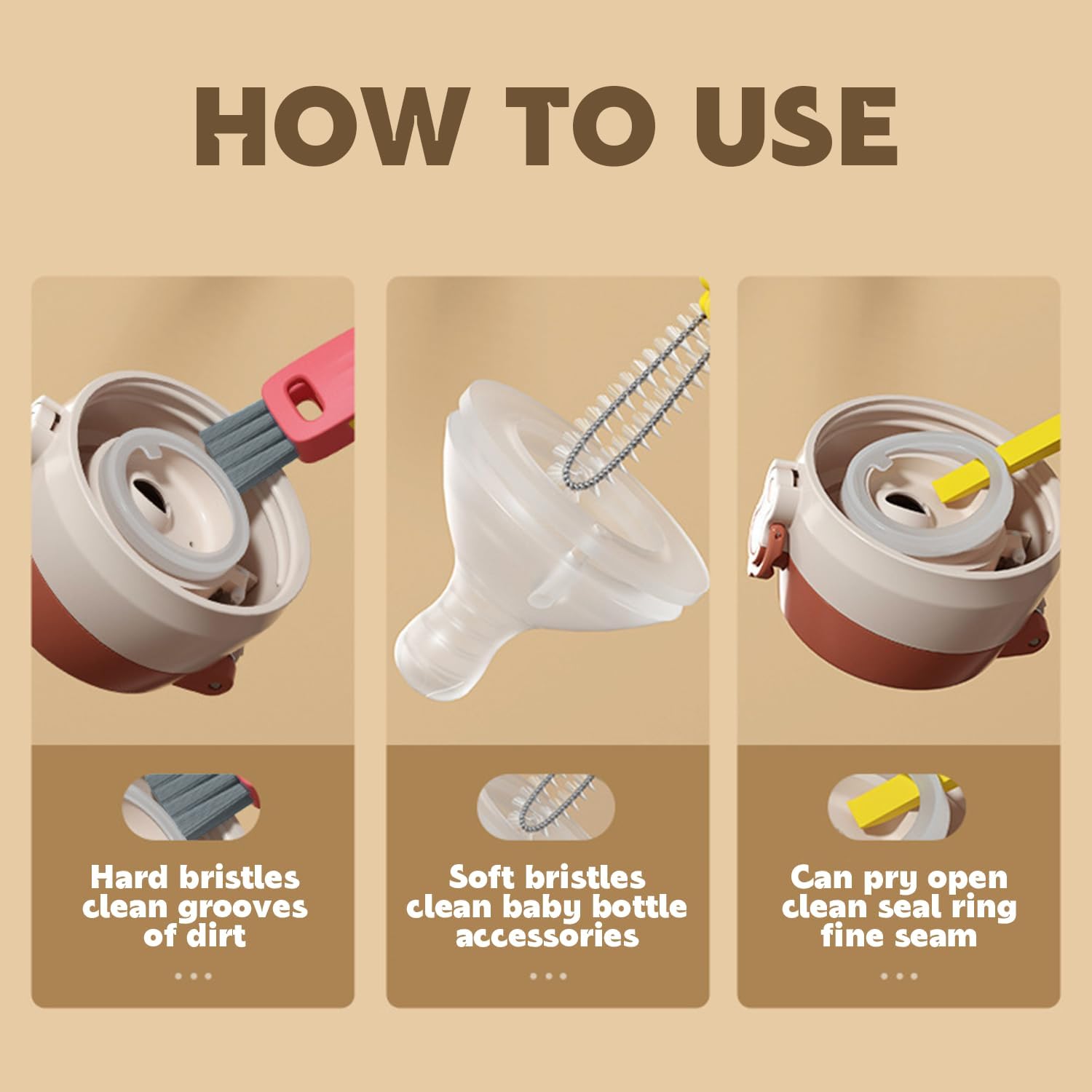 3 in 1 Cup Lid Cleaning Brush Crevice Cleaning Brush for Bottle Gap Tight Spaces Cup