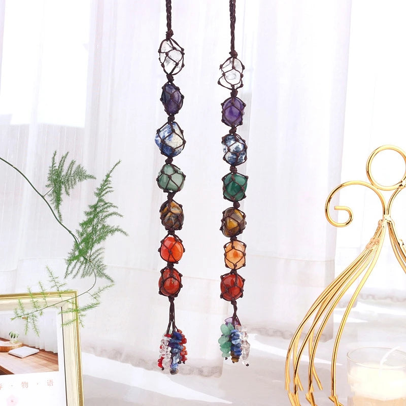Natural crystal seven color rolling stone car hanging hand woven energy stone shaped mesh bag pendant
