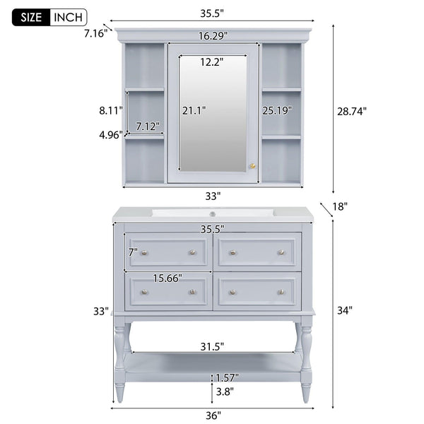 36'' Bathroom Vanity with Medicine Cabinet, Modern Mirror Cabinet with Adjustable Shelf, Bathroom Storage Cabinet with 4 Drawers
