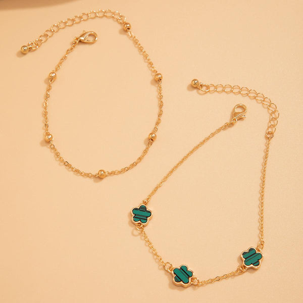 Double layer lucky five petal flower five leaf grass foot chain suit design sense flower shaped chain