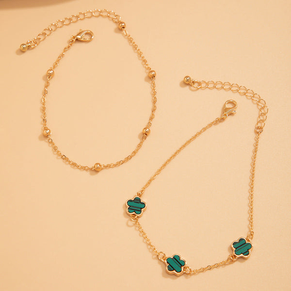 Double layer lucky five petal flower five leaf grass foot chain suit design sense flower shaped chain