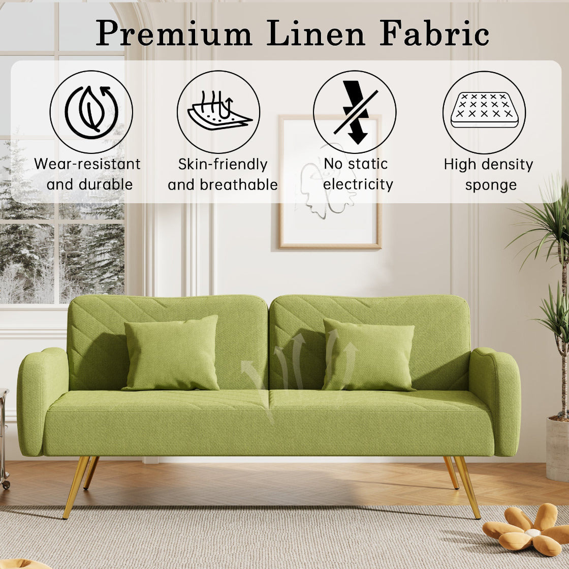 Green sofa with premium linen fabric features in a living room setting