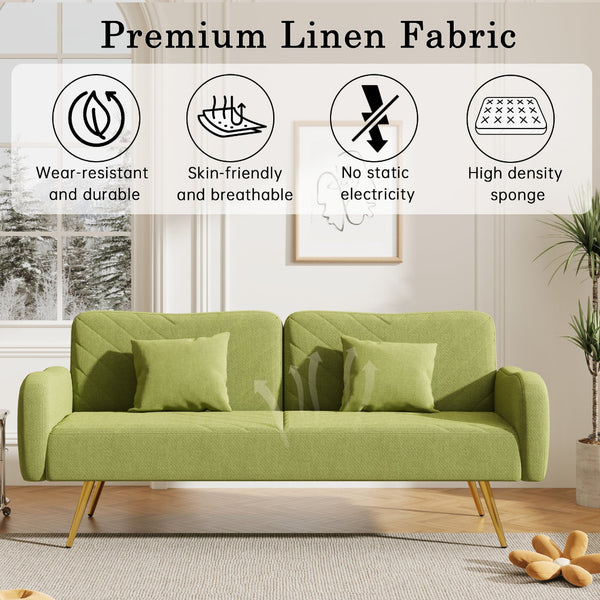 Green sofa with premium linen fabric features in a living room setting