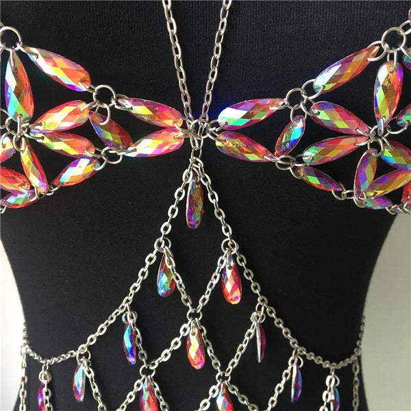 Queen Bling Metal Tassel Details Tank Tops Festival Rave Clothing Summer Sexy Backless Rave Body Chain Beach Tops