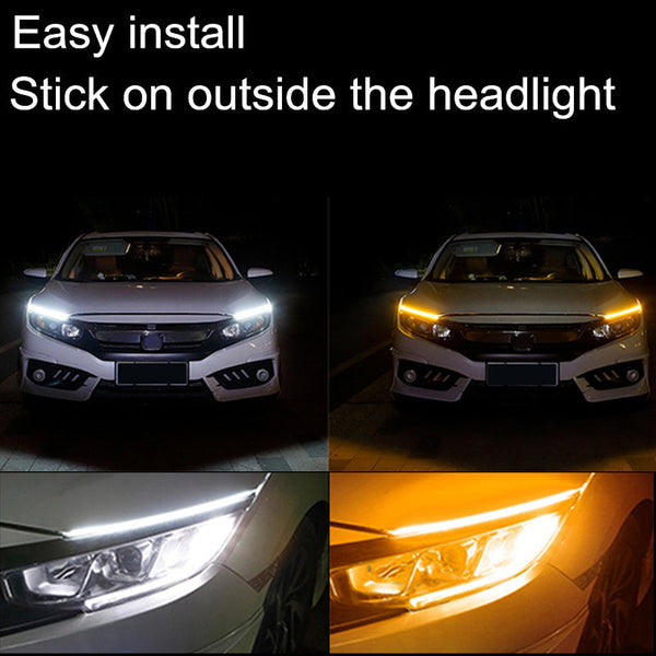 60cm New Slim Amber Sequential Flexible LED DRL For Headlight Strip Daytime Running Light With Yellow Turn Signal Lamp 12V