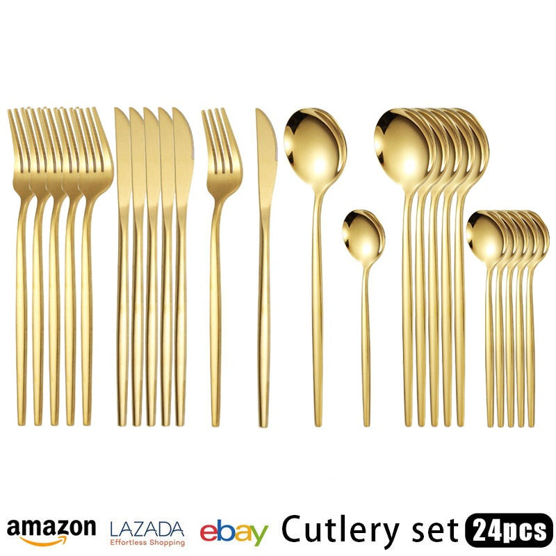 Cutlery Set Stainless Steel Knife Fork Set 24-Piece Tableware Set Golden Steak Knife Fork Spoon 6-Person Set
