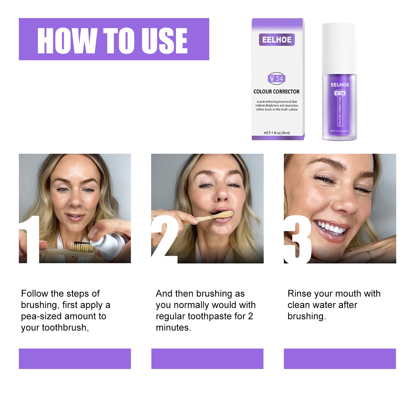 V34 Colour Corrector, Mouth Shine White Clean Stains Shine White Teeth Purple Toothpaste