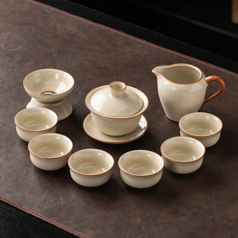 Ru Kiln Chinese Kung Fu Tea Set Household Ceramic Xishi Pot Hovering Cover Bowl Tea Cup Set