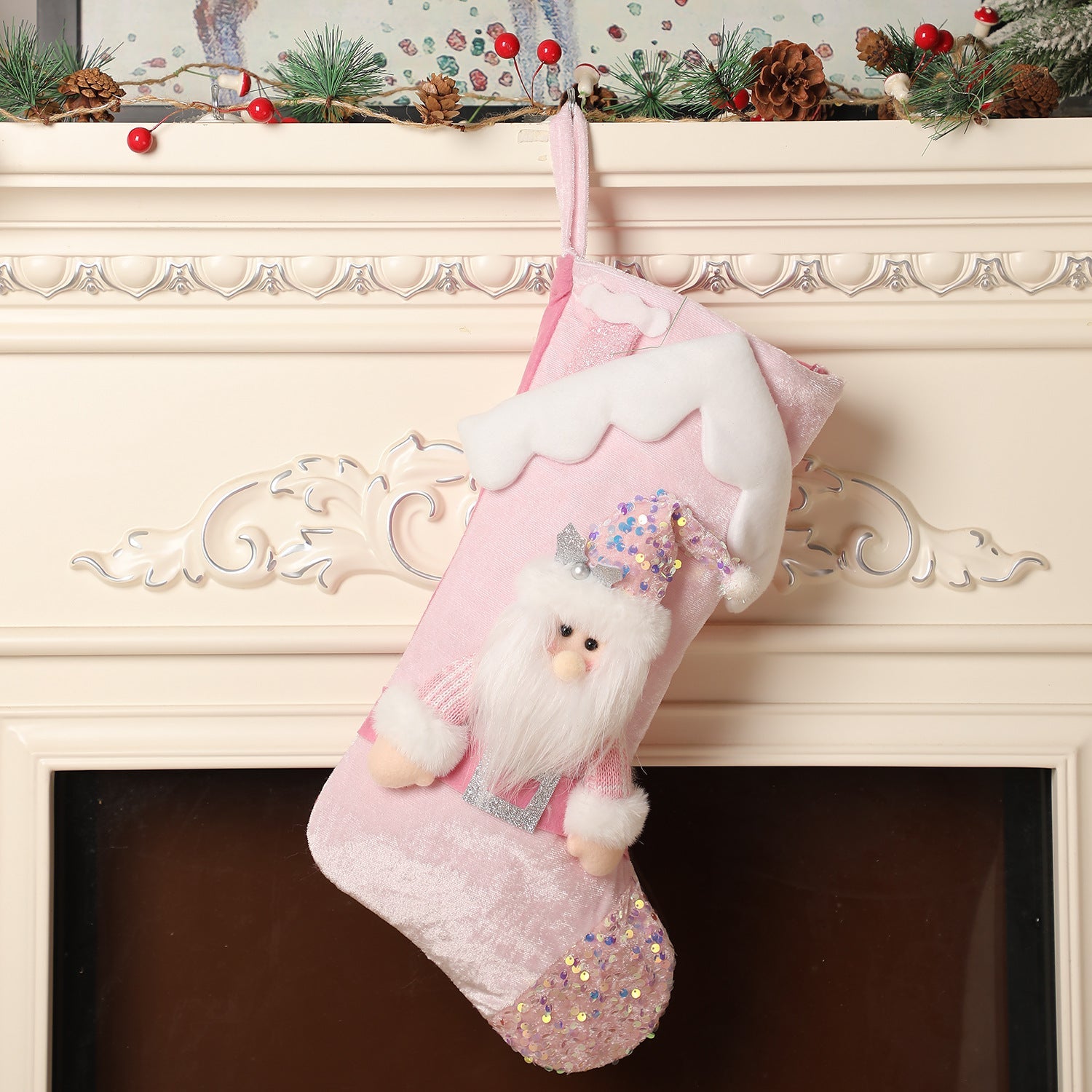 Christmas decoration, pink sequins, children's cartoon roof, Santa Claus, Christmas socks, gifts, decorative items