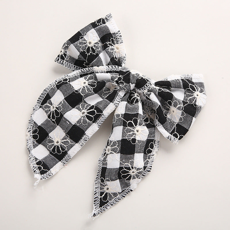 Children's Headwear Girl Plaid Cotton Embroidery Bow Hairpin Big Swallowtail Hairpin