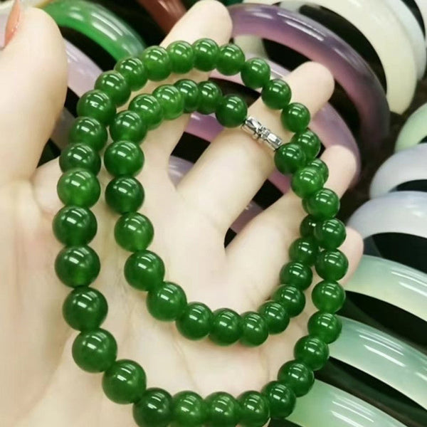 Hetian Biyu necklace, spinach green jade necklace, round bead style, Taiwan green jade necklace