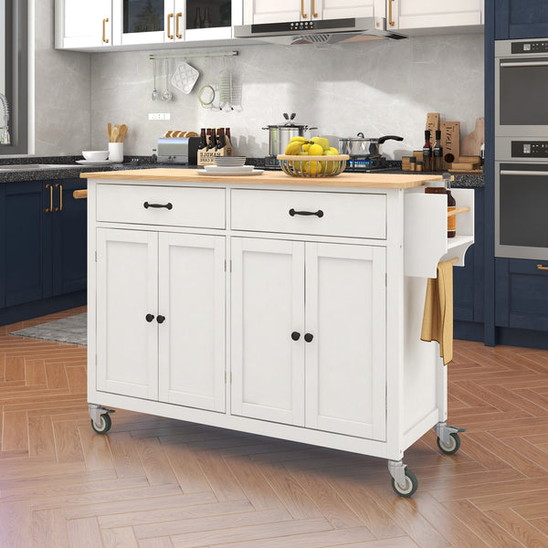 Kitchen Island Cart with Solid Wood Top and Locking Wheels 54.3 Inch Width  (White) V.I.P Digital Presence