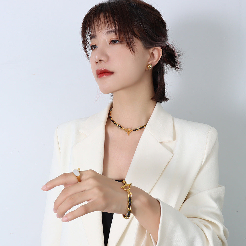 Hip hop design neck chain titanium steel plated 18k real gold leather rope necklace