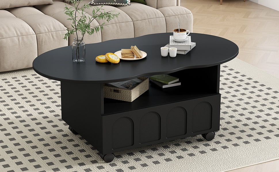 ON-TRANS flexible cream style coffee table with 2 brake wheels, drawers, large storage space,black, 39.37 '' x 23.6 ''