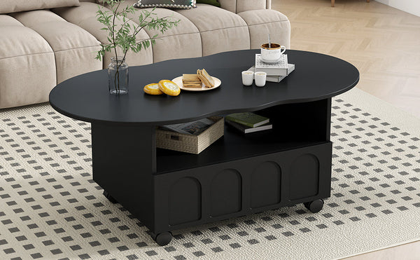 ON-TRANS flexible cream style coffee table with 2 brake wheels, drawers, large storage space,black, 39.37 '' x 23.6 ''
