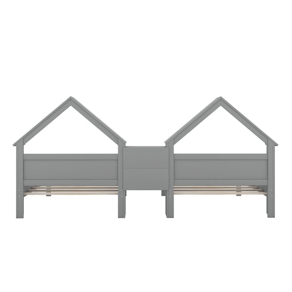 Double Twin Size Platform Bed with House-shaped Headboard and a Built-in Nightstand  Grey
