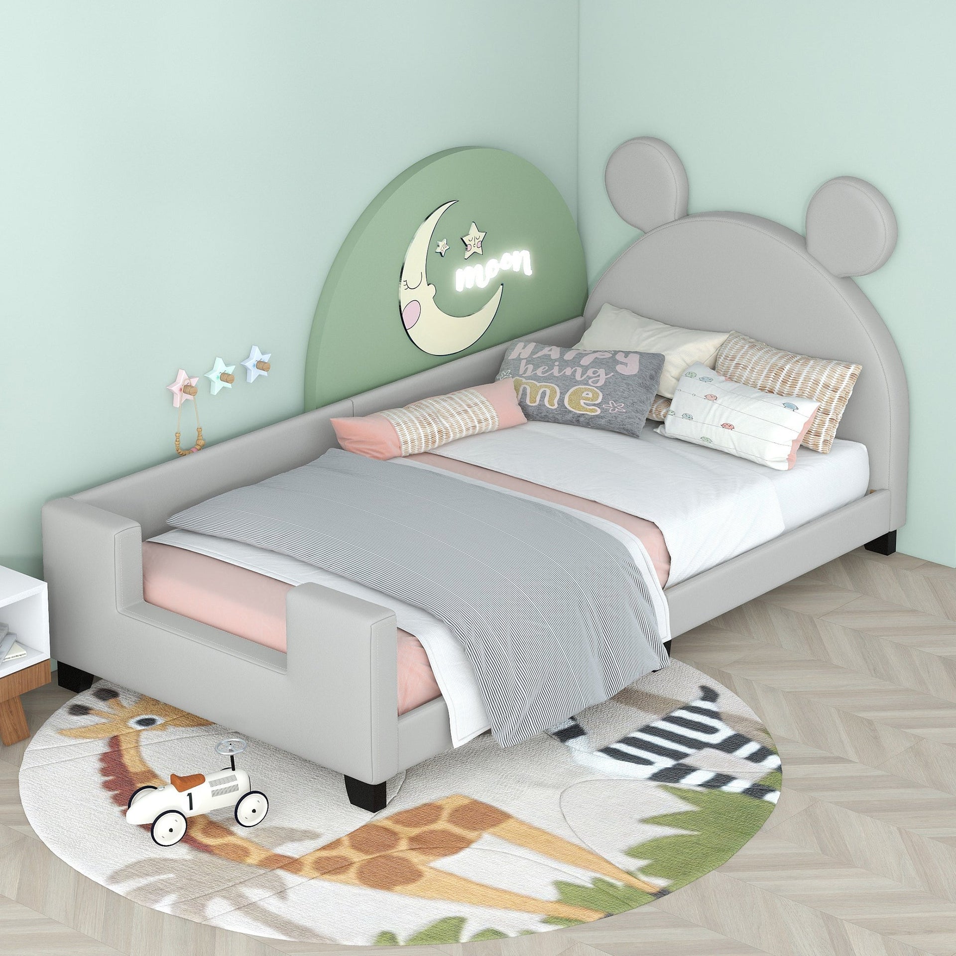 Twin Size Upholstered Daybed with Carton Ears Shaped Headboard  Grey