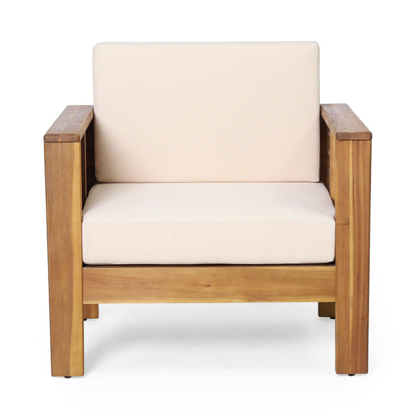 Outdoor Acacia Wood Club Chairs with Cushions, Teak+Beige, 27.75