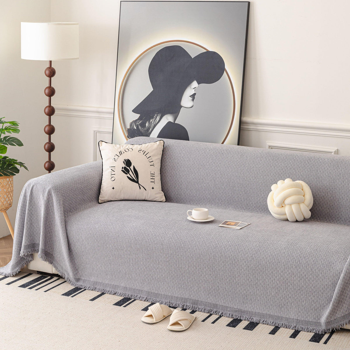 Textured Woven Modern Sofa Cover, Natural Blend Decorative Couch Throw Blanket