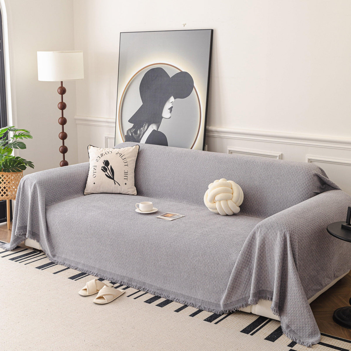 Textured Woven Modern Sofa Cover, Natural Blend Decorative Couch Throw Blanket