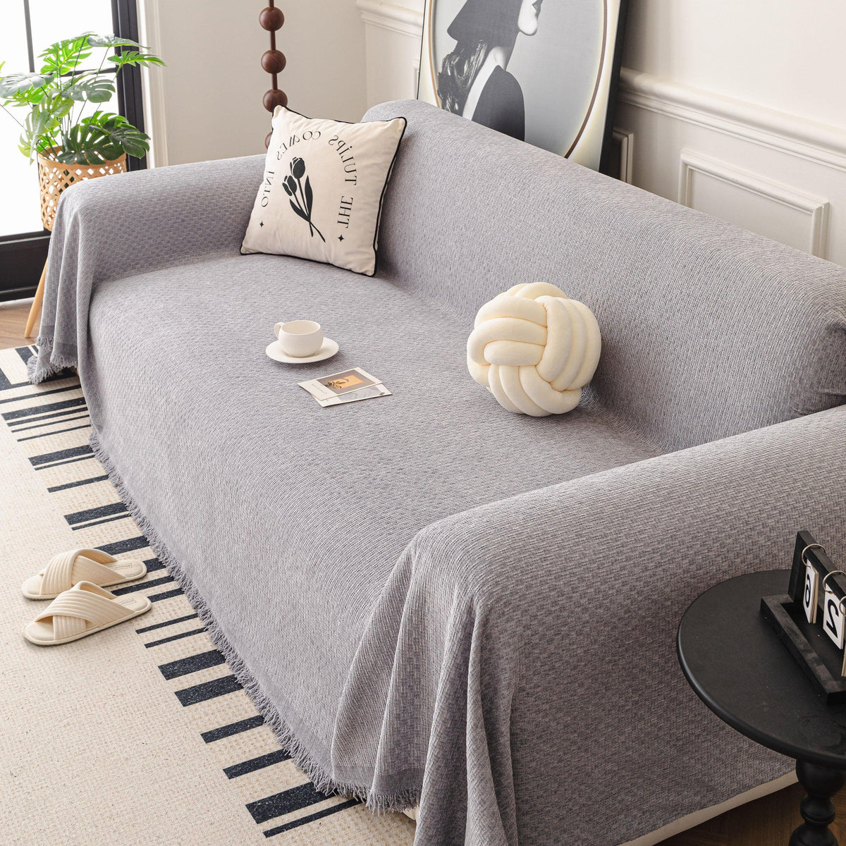Textured Woven Modern Sofa Cover, Natural Blend Decorative Couch Throw Blanket