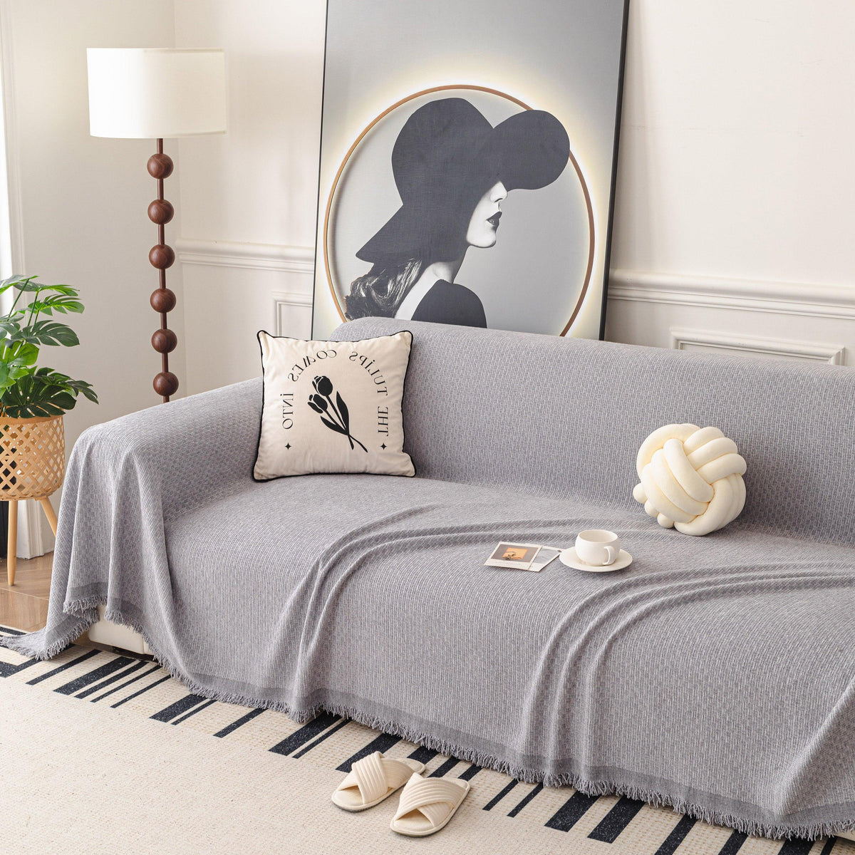 Textured Woven Modern Sofa Cover, Natural Blend Decorative Couch Throw Blanket
