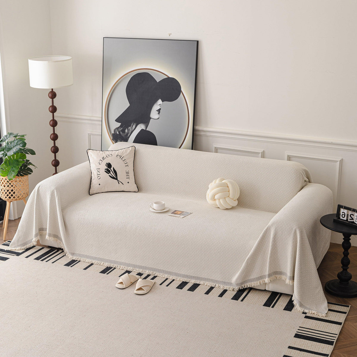 Textured Woven Modern Sofa Cover, Natural Blend Decorative Couch Throw Blanket