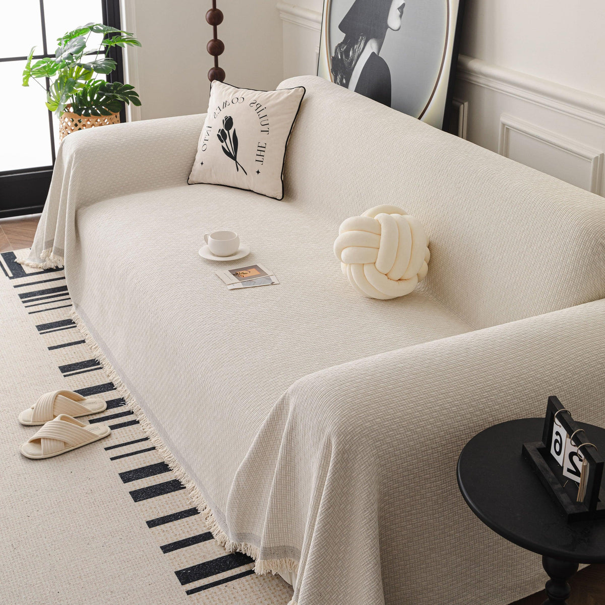 Textured Woven Modern Sofa Cover, Natural Blend Decorative Couch Throw Blanket