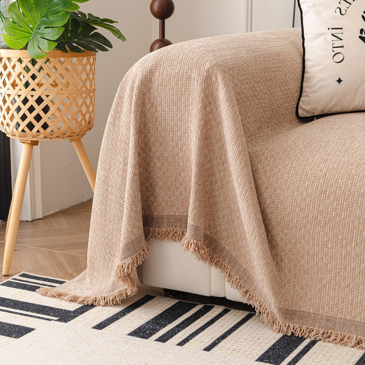 Textured Woven Modern Sofa Cover, Natural Blend Decorative Couch Throw Blanket