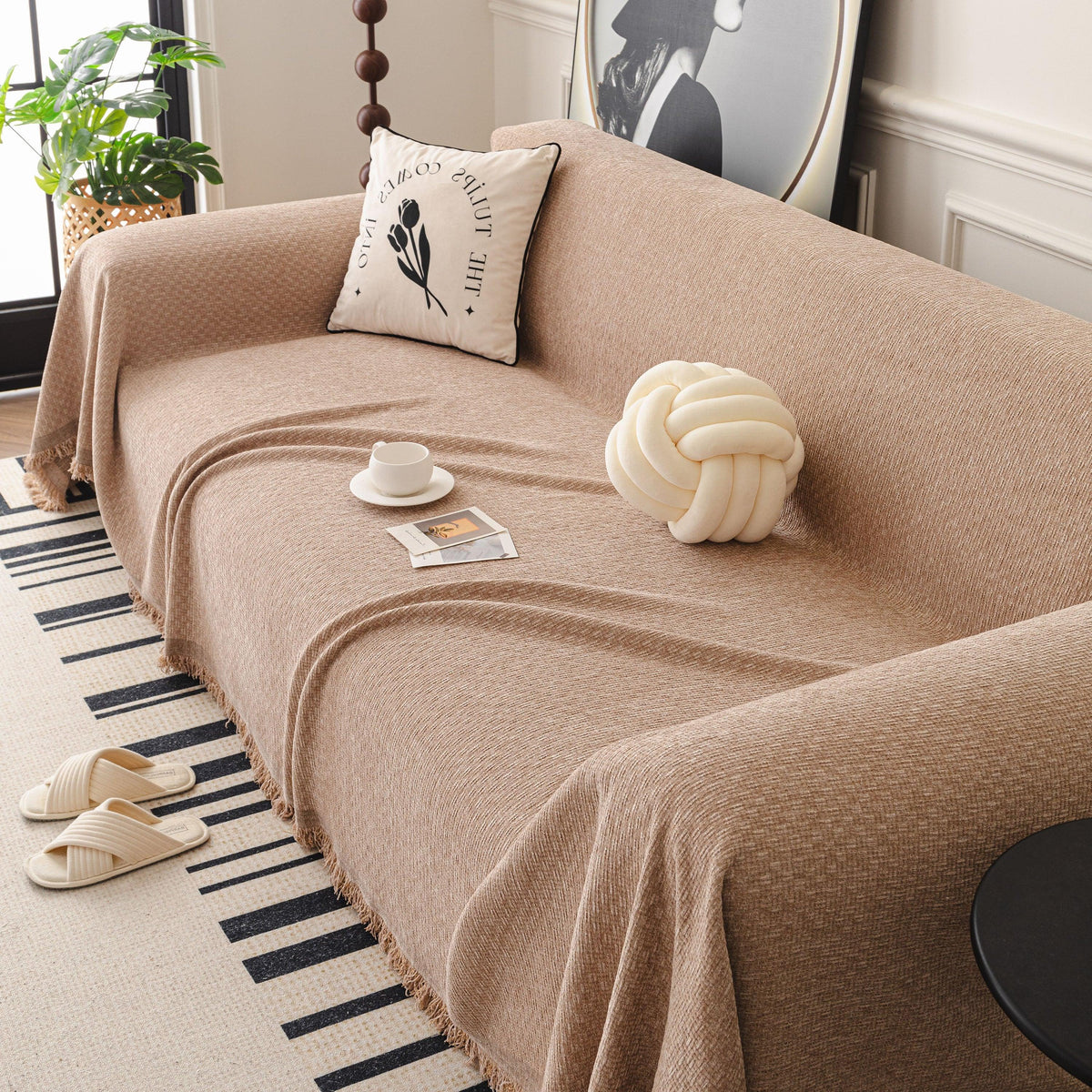 Textured Woven Modern Sofa Cover, Natural Blend Decorative Couch Throw Blanket