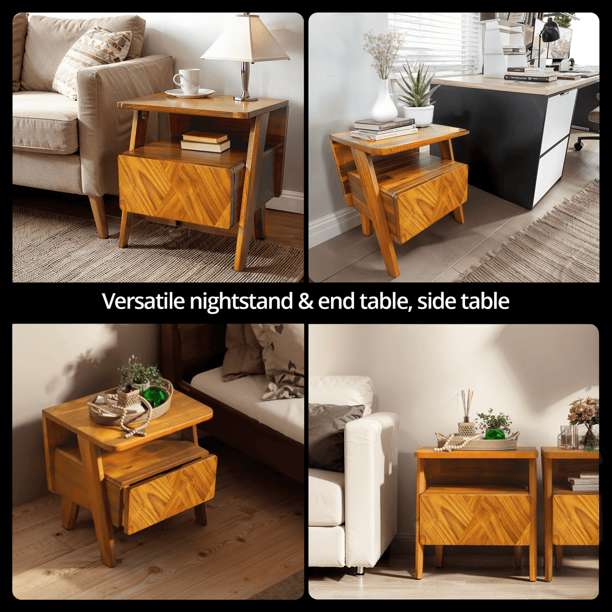 Rum Handcrafted Solid Wood Nightstand