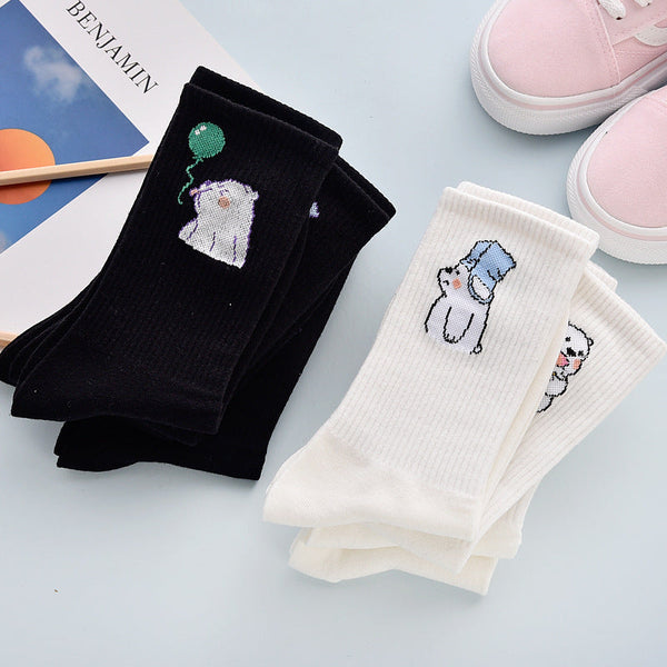 4Pair Spring And Summer Combed Out Of Pure Cotton Socks Mid Waist Fashion Bear Socks Cute Animal Socks Kawaii Cute Cartoon Purple College Socks For Men And Women