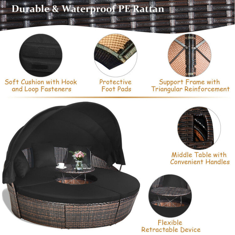 Outdoor Daybed with Retractable Canopy - Black