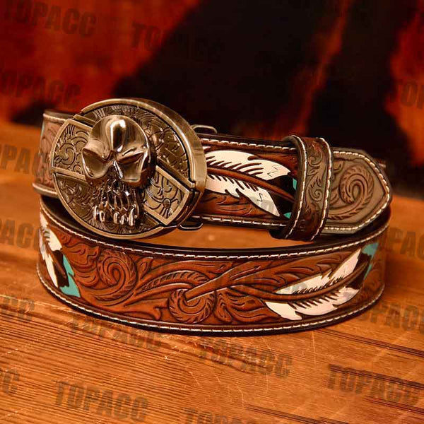 Waist 42-46 inch Western Leather Feather Belt - Block Buckle