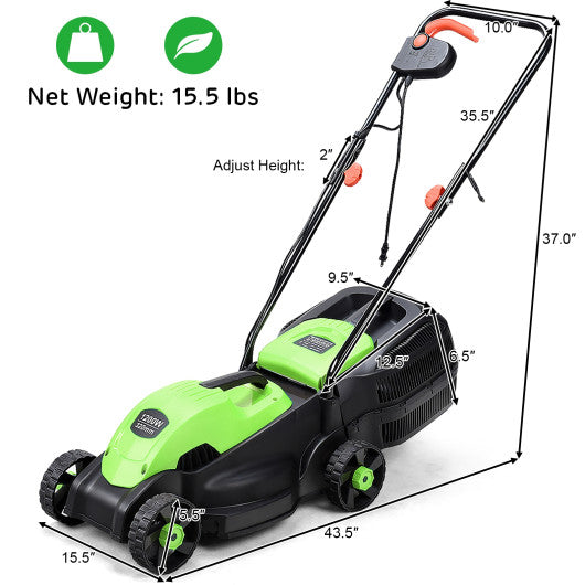 13 Inch Electric Push Lawn Corded Mower with Grass Bag-Green