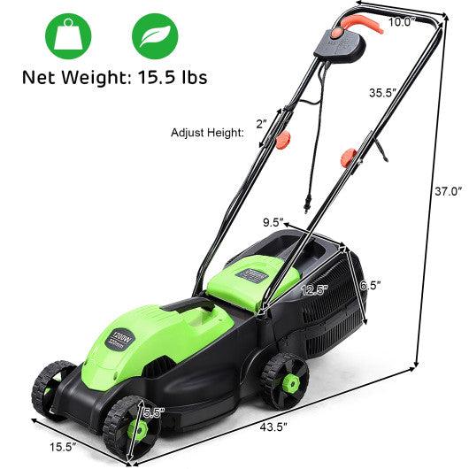 13 Inch Electric Push Lawn Corded Mower with Grass Bag-Green