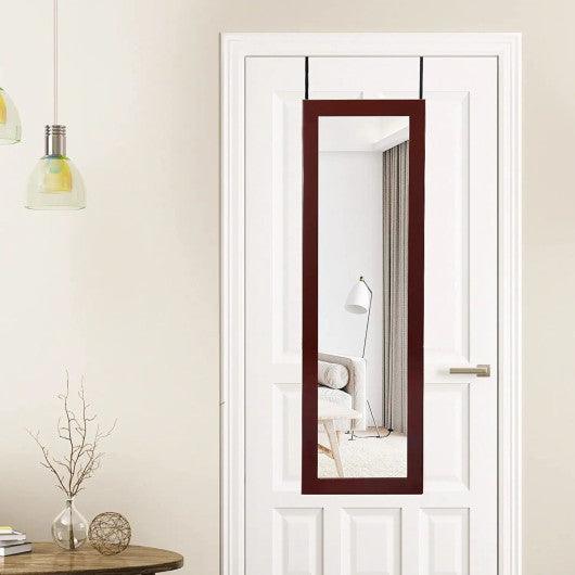 Lockable Wall Door Mounted Mirror Jewelry Cabinet w/LED Lights-Brown