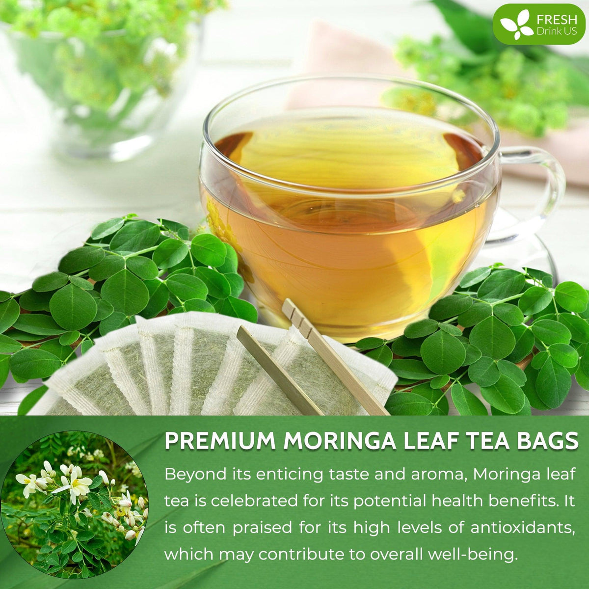 Moringa Leaf Tea Bags, 100% Natural & Pure from Moringa Leaves. Loose Leaf Moringa Herbal Tea. Moringa Leaf Tea. No Sugar, No Caffeine, No Gluten, Vegan