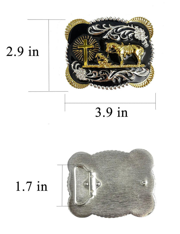 TOPACC 3D Rectangle Western Cowboy Horse Prayer Cross Belt Buckle Black Gold/Bronze - Gifts for You 'n Me