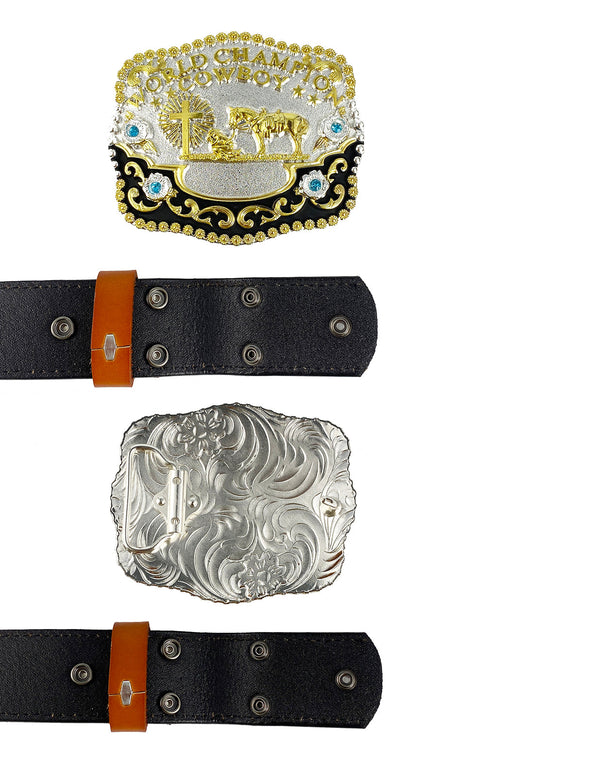TOPACC 3D Rectangle Western Cowboy Horse Prayer Cross 'world champion cowboy'Belt Buckle