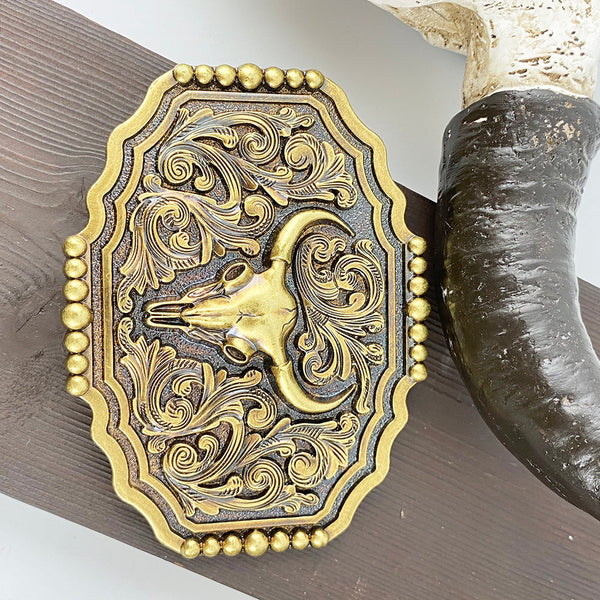 TOPACC Western Copper Longhorn Bull Cow Pattern Belt Buckle