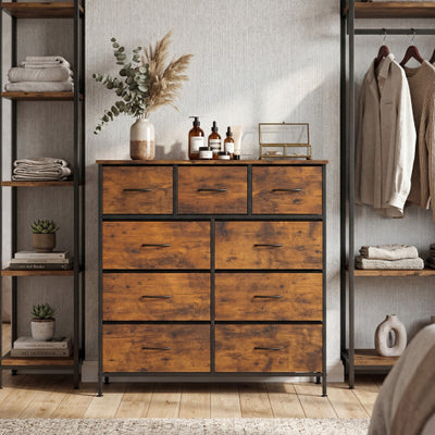 9-Drawer Fabric Dresser with Wooden Top for Bedroom-Rustic Brown