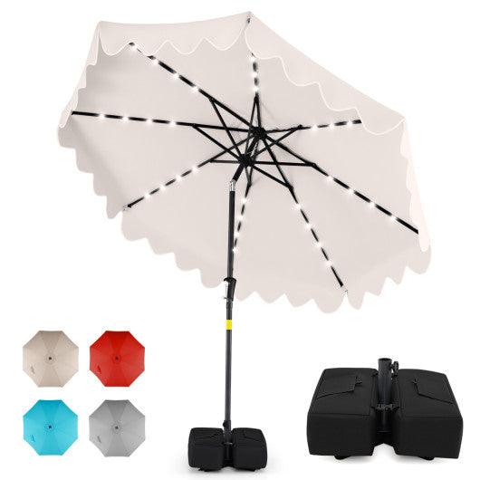 9 FT Outdoor Patio Umbrella with Solar LED Lights and Weighted Base-Beige