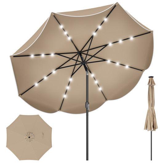 9 FT Scalloped Solar Patio Umbrella Market Table Umbrella with 24 LED Lights-Tan