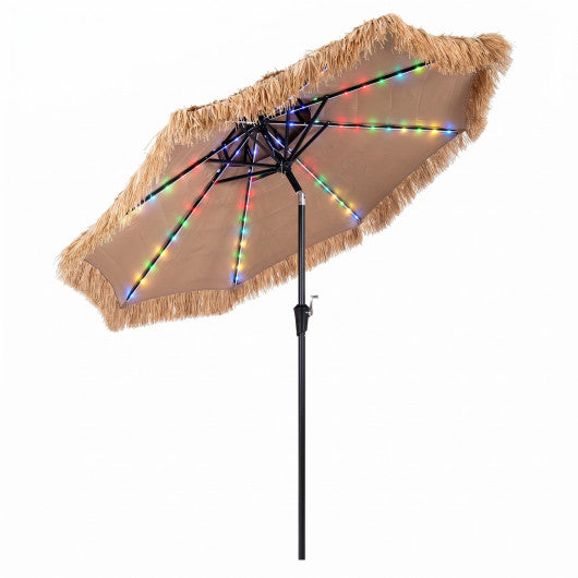 9 FT Solar Thatched Tiki Umbrella with 96 Multi-colored Flowing Lights and 12 Modes-Beige